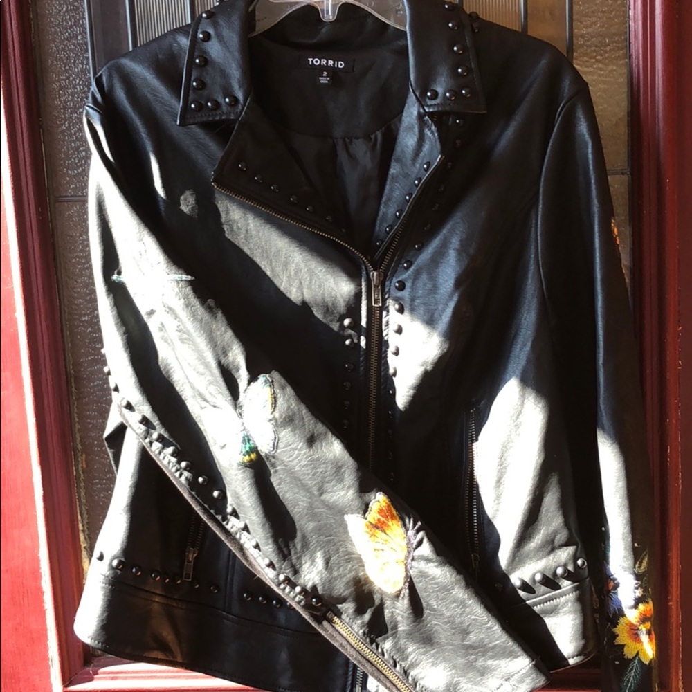 Torrid cropped embroidered leather jacket
